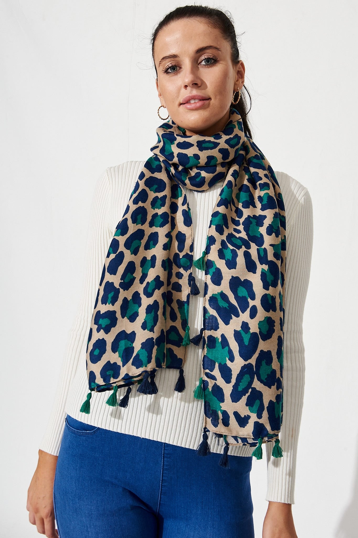 Wild Side Scarf In Beige With Green And Blue Leopard Print - Image 7
