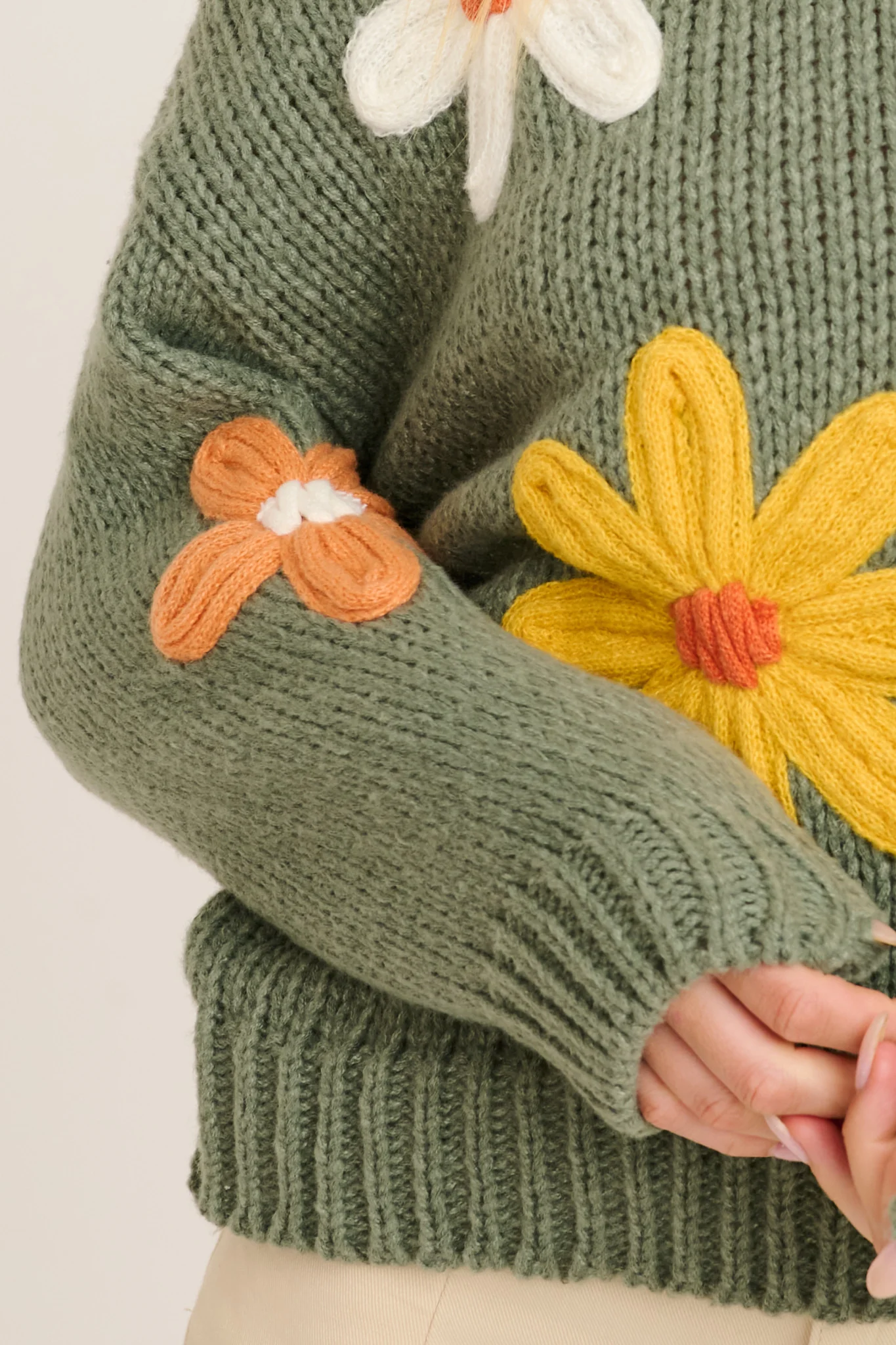 Winter Blossom Knit in Khaki with Multi Flower Wool Blend - Image 5