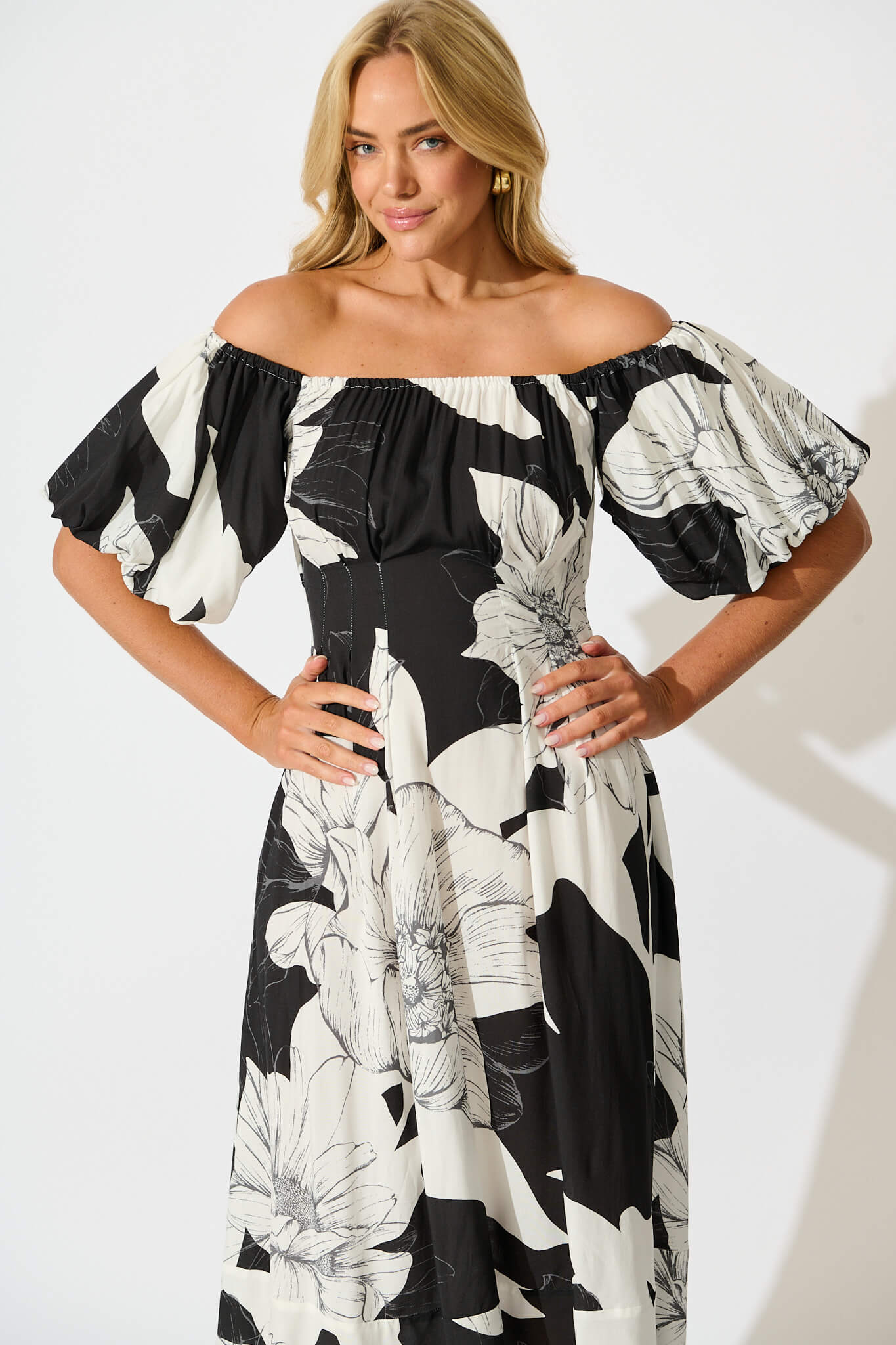 Wintour Midi Dress In Black With White Floral - Image 2