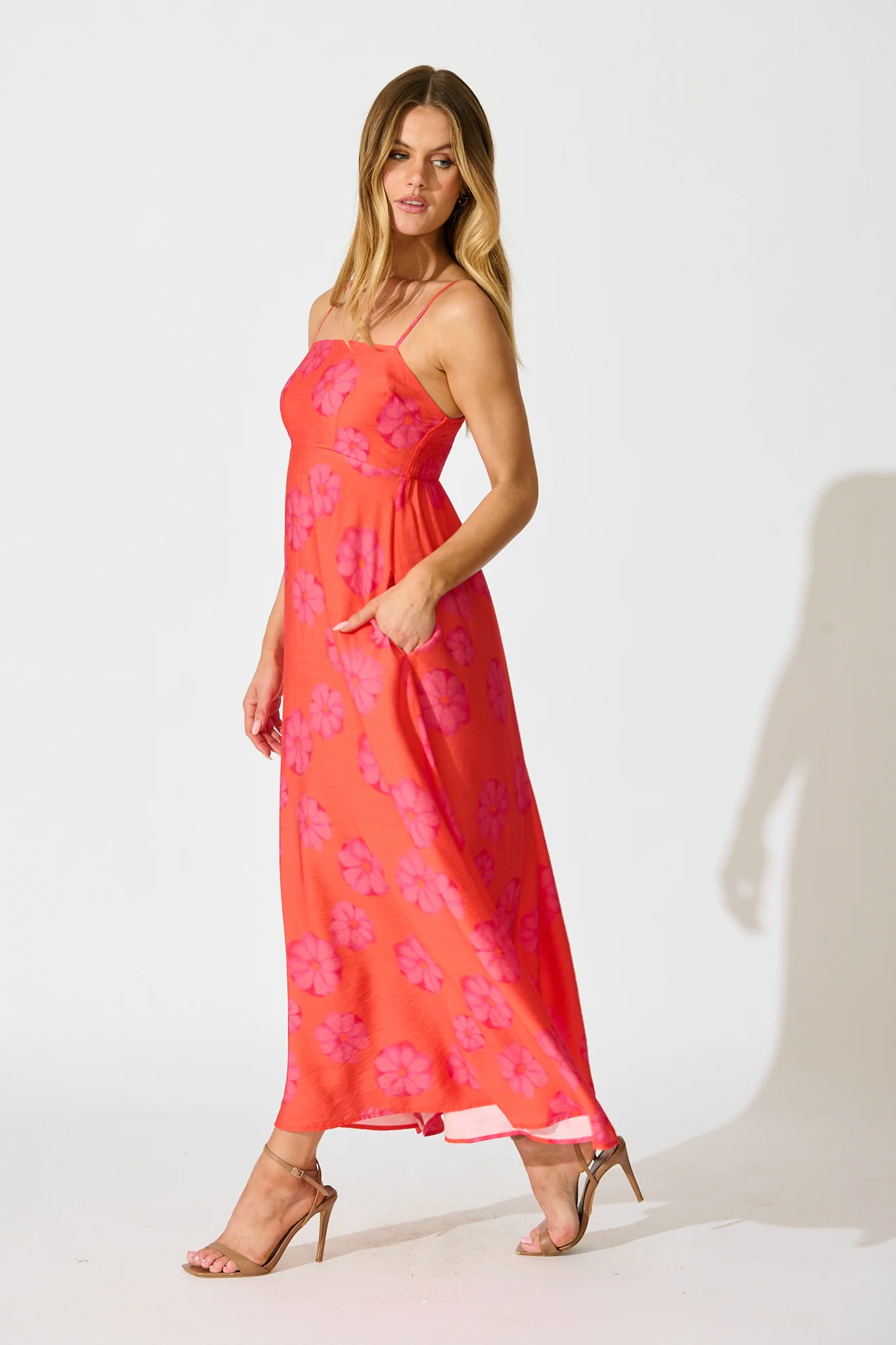 Yetta Maxi Sundress In Coral Flower Print - Image 3