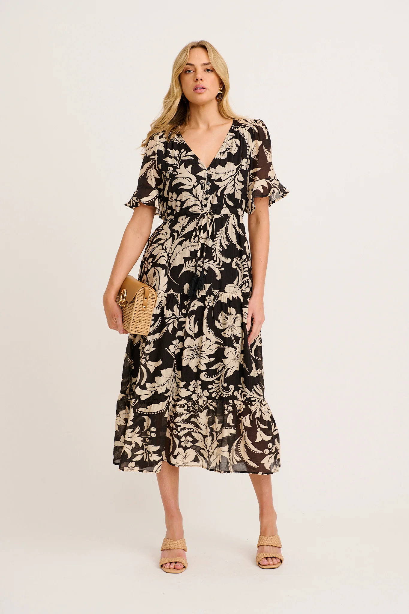 Zaelle Midi Dress in Black with Cream Floral