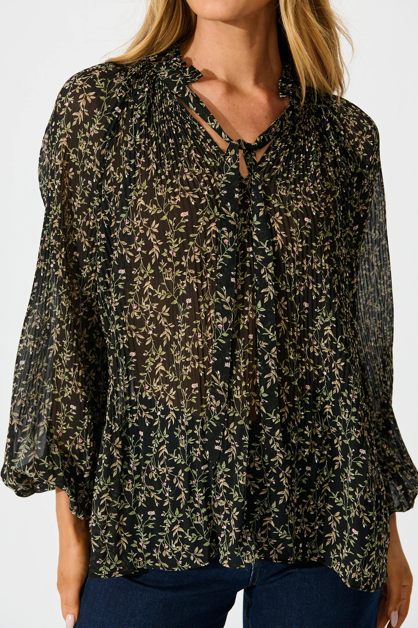 Zahara Top in Black Multi Floral Plisse - Image 5
