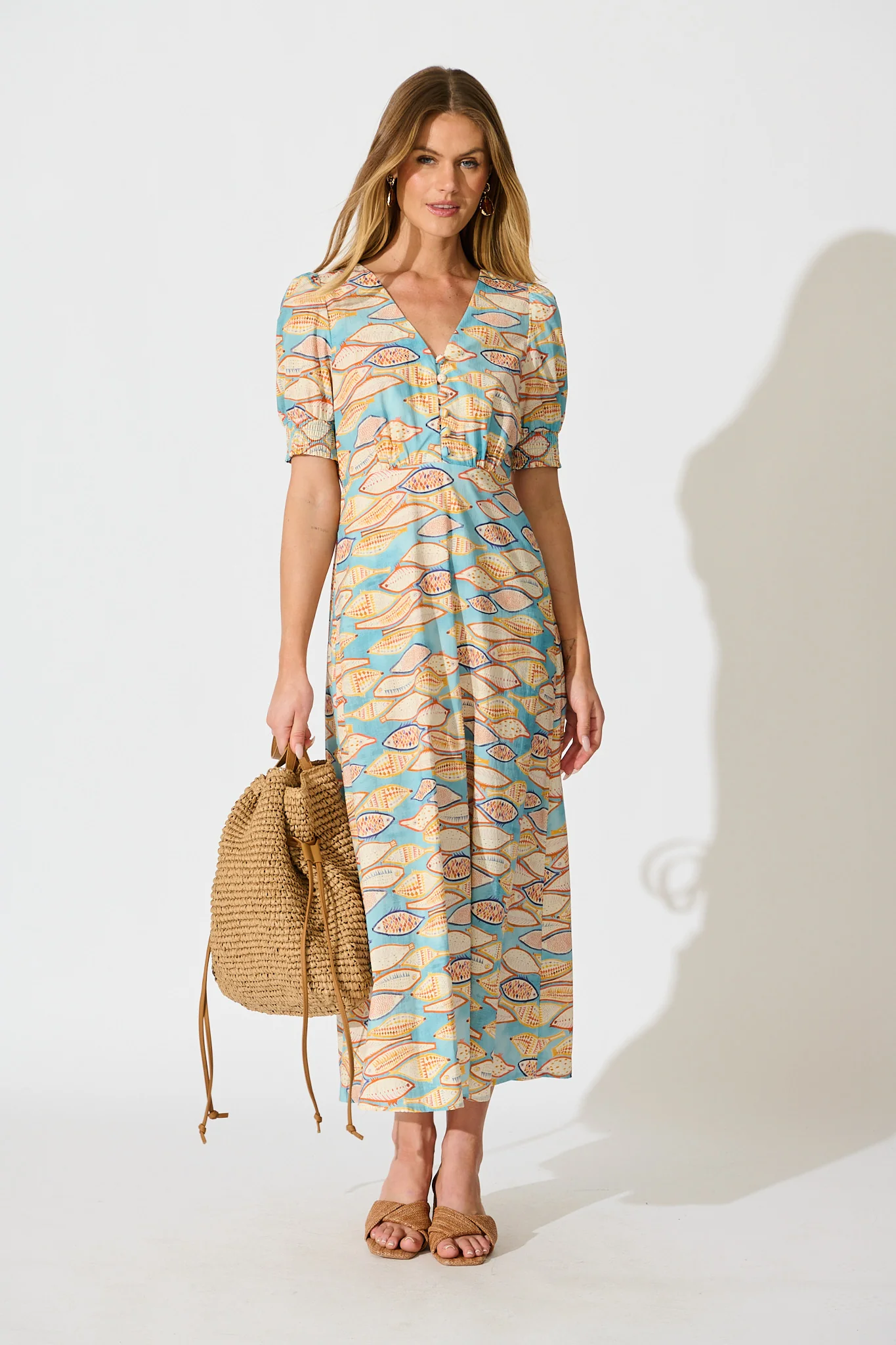 Zoanne Midi Dress in Blue with Multi Cotton