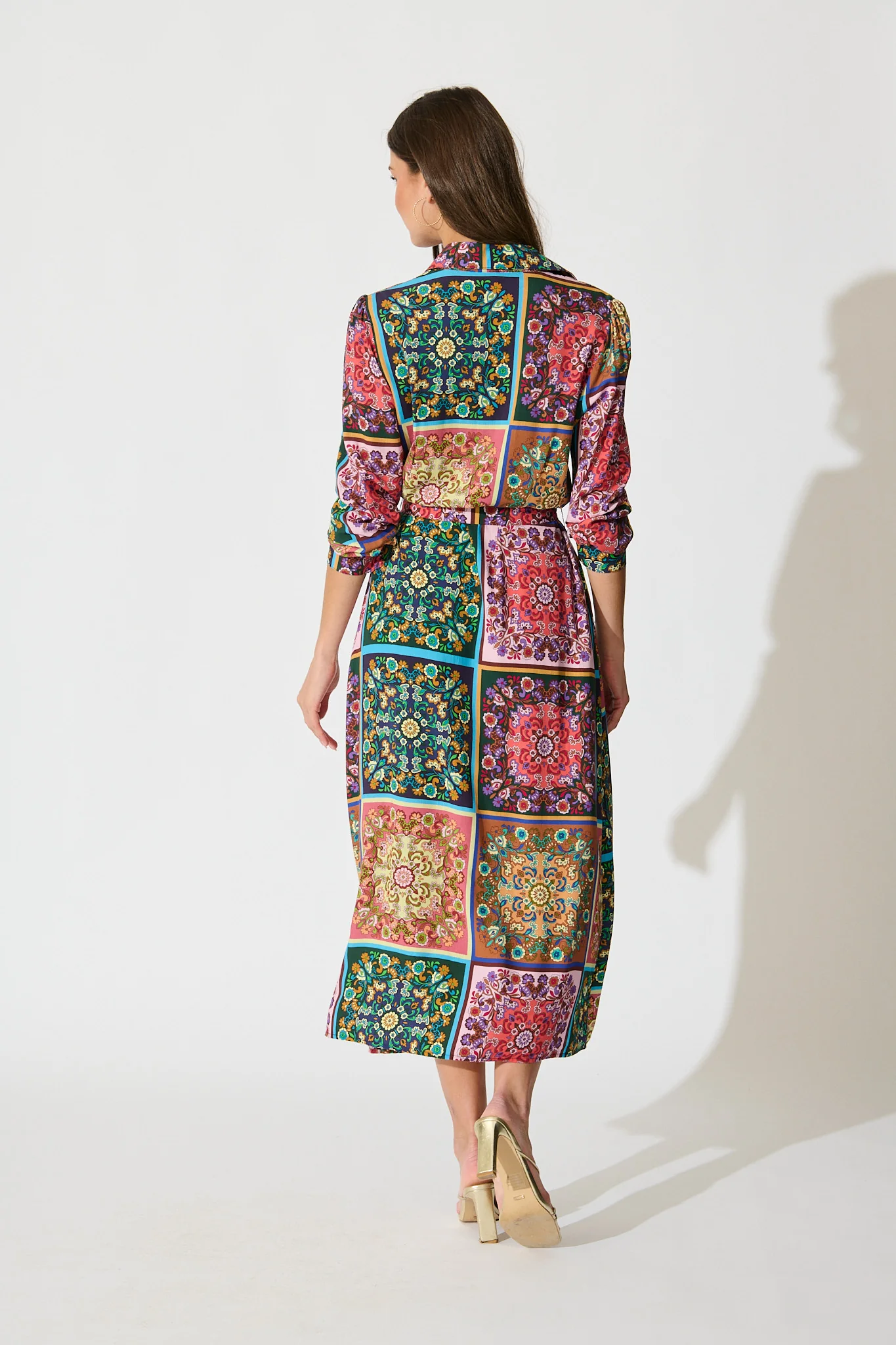 Zoey Maxi Shirt Dress in Brown and Multi Patchwork Floral - Image 4