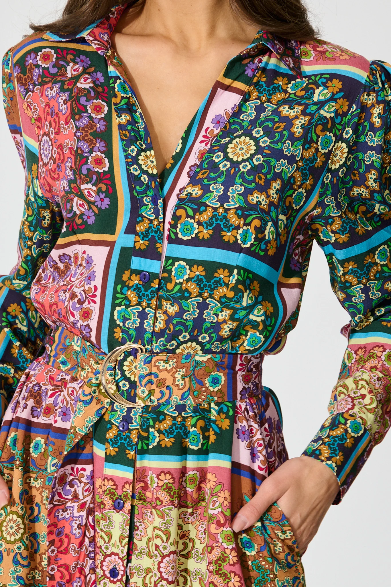 Zoey Maxi Shirt Dress in Brown and Multi Patchwork Floral - Image 5