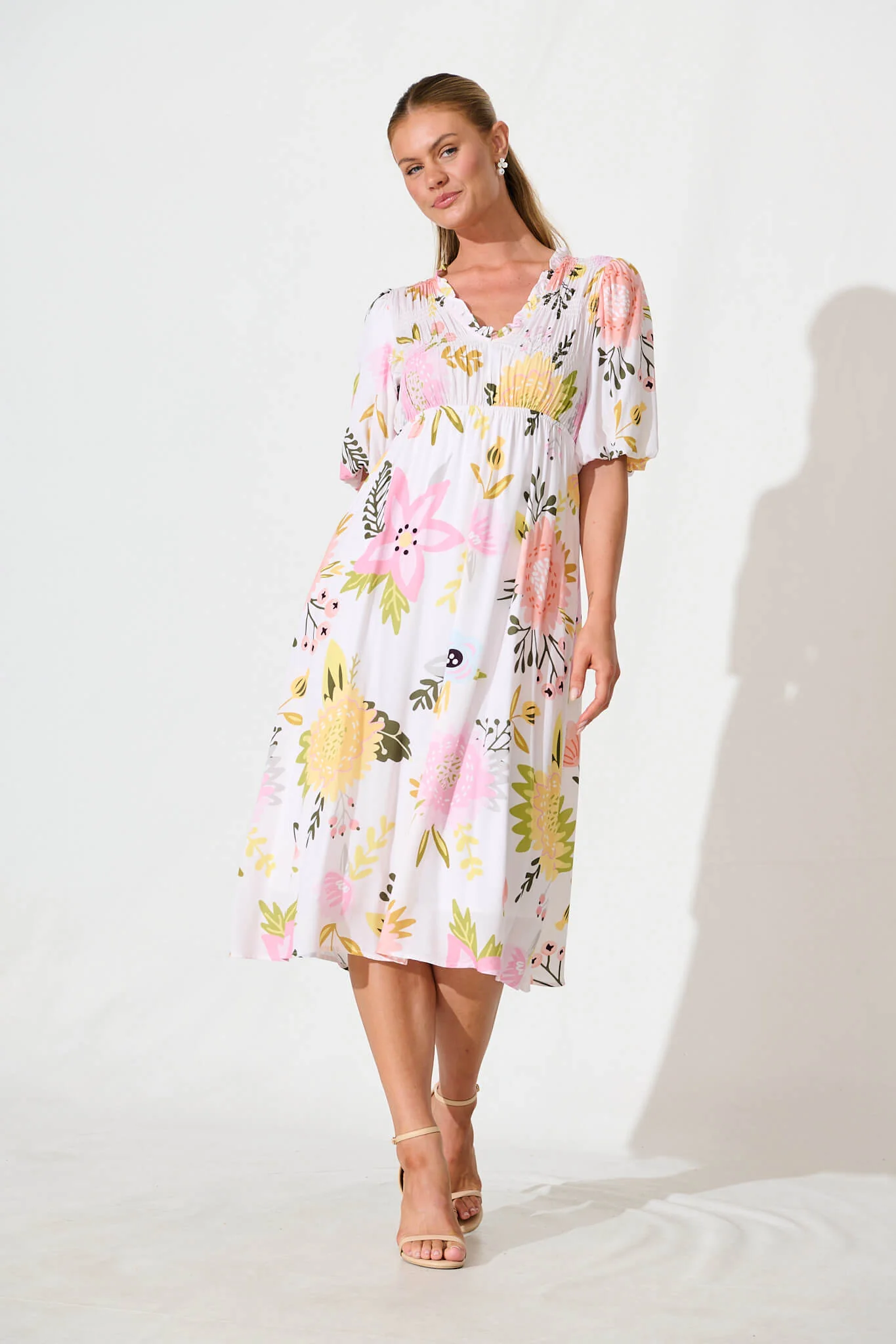 Zoisa Midi Dress in Cream Multi Floral